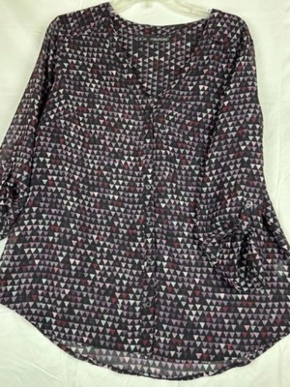 MAURICES Button Down V-Neck 3/4 Sleeve Black Print Casual Shirt Women's Sz L